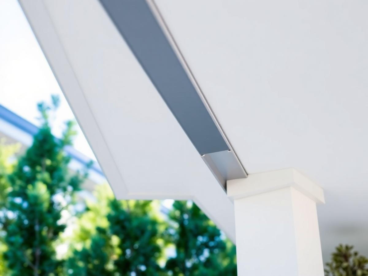 Detail of permanent exterior lighting track installed under an eave